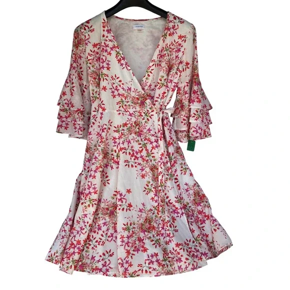 Calvin Klein Wrap Dress W 12 Floral Ruffle/Tear Sleeve Brunch Coquette Derby Tea - Picture 8 of 11